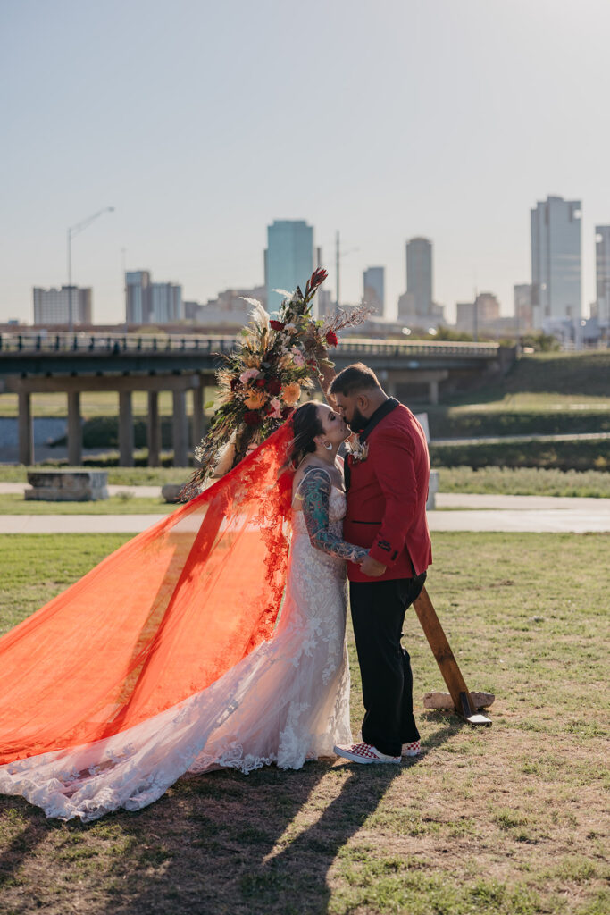 bride and groom first kiss 