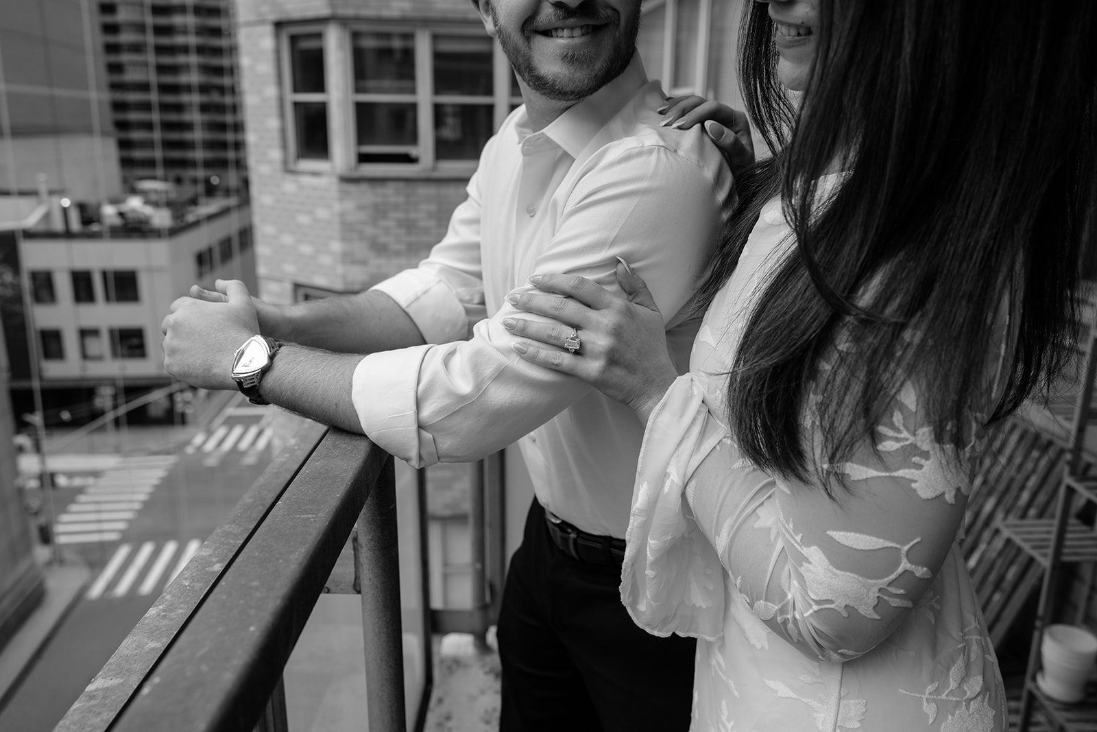 NYC engagement photographer capturing couple portraits at apartment
